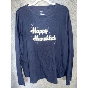Happy Hanukkah Graphic Womens' Long Sleeve Navy Blue Top Size XXL